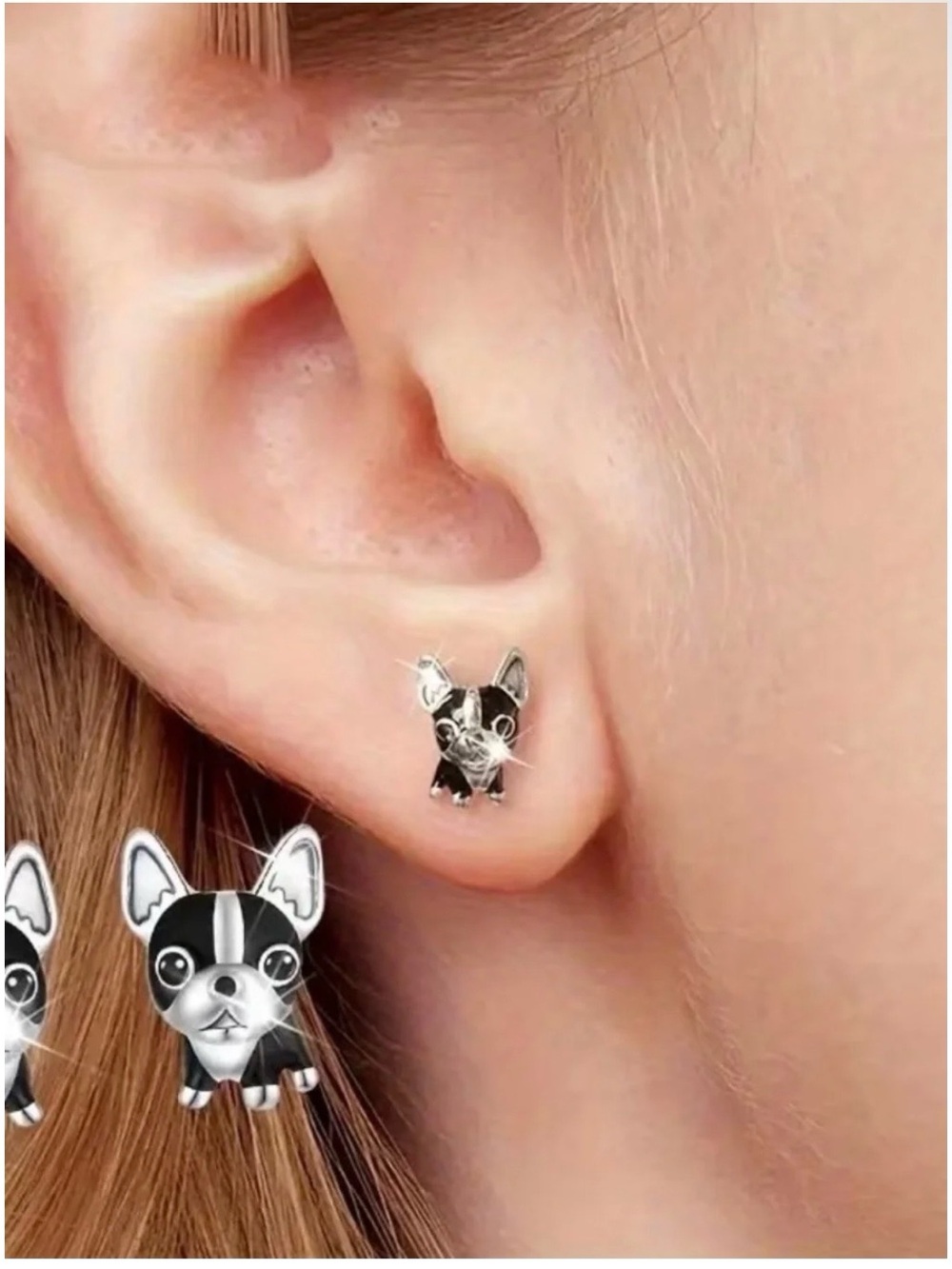 Cute Black & Silver Dog Stud Earrings - Picture 3 of 5